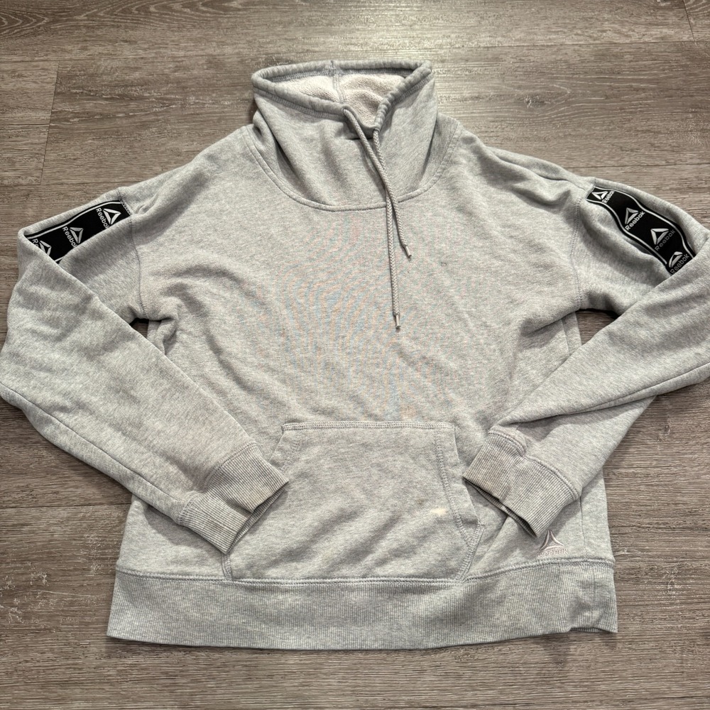 Reebok Pullover Womens Small Gray Cotton Cowl Neck Logo Tape Athleisure Lounge